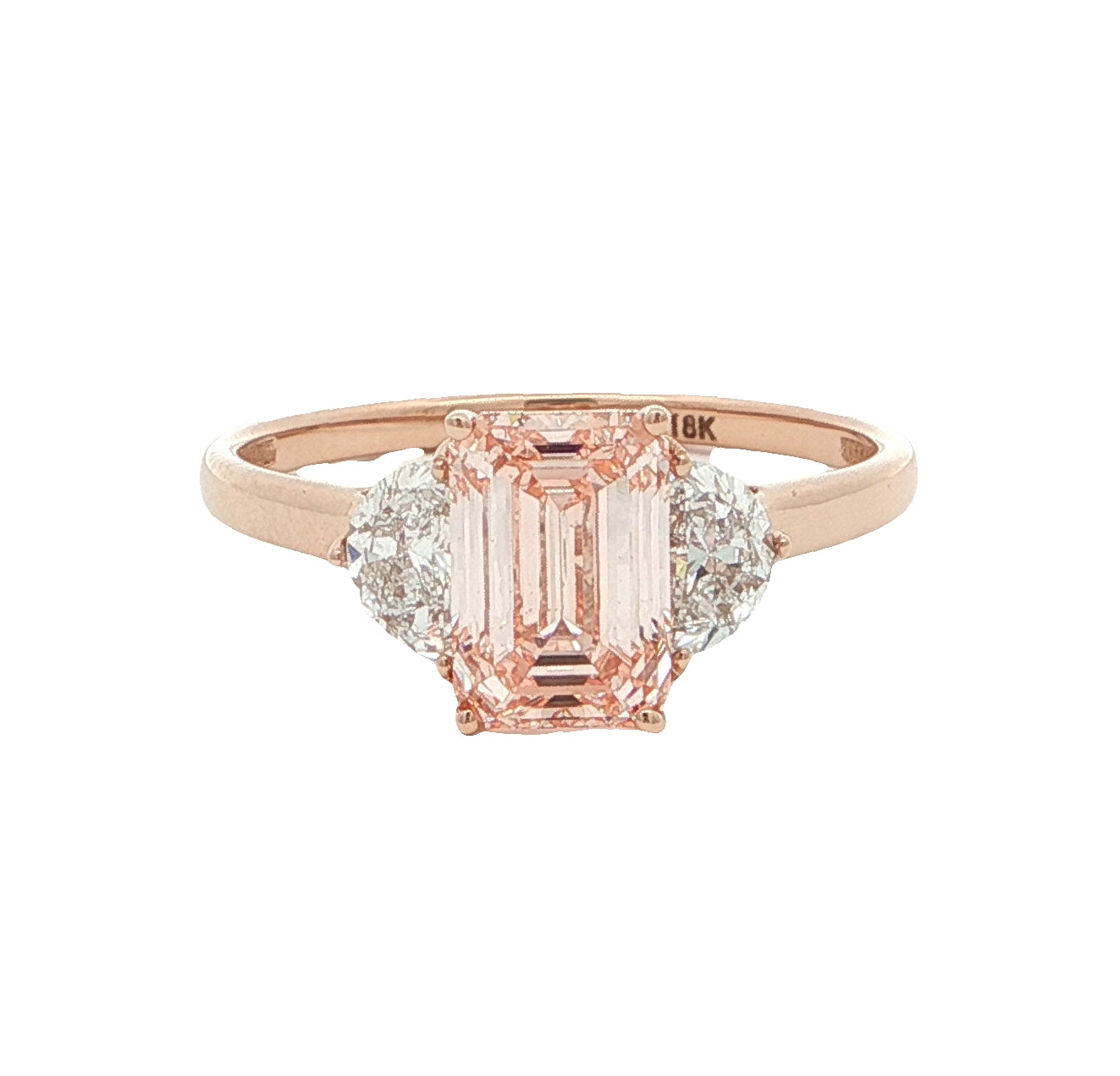 1.5 CT Pink Emerald Cut Lab Grown Diamond three stone 18K Rose Gold Ring