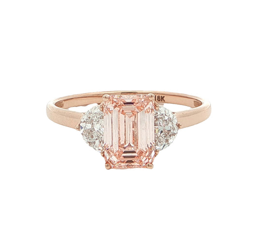 1.5 CT Pink Emerald Cut Lab Grown Diamond three stone 18K Rose Gold Ring
