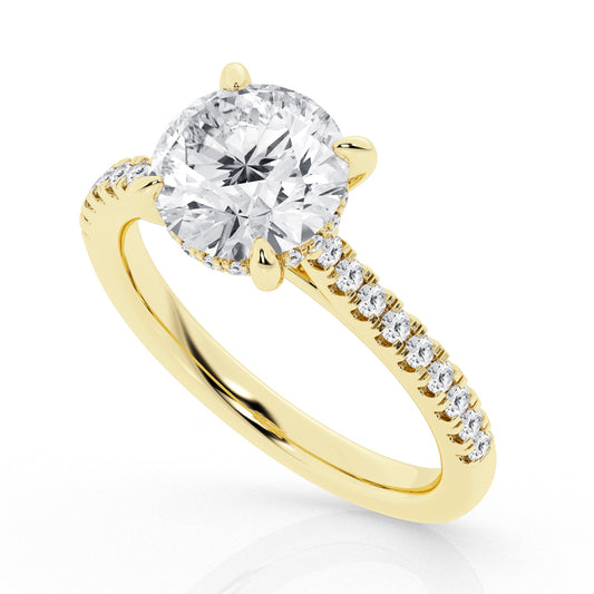 Lab Grown Diamond Engagement Ring in Yellow Gold with Round 2.5ctw solitaire and channel set diamonds in band.