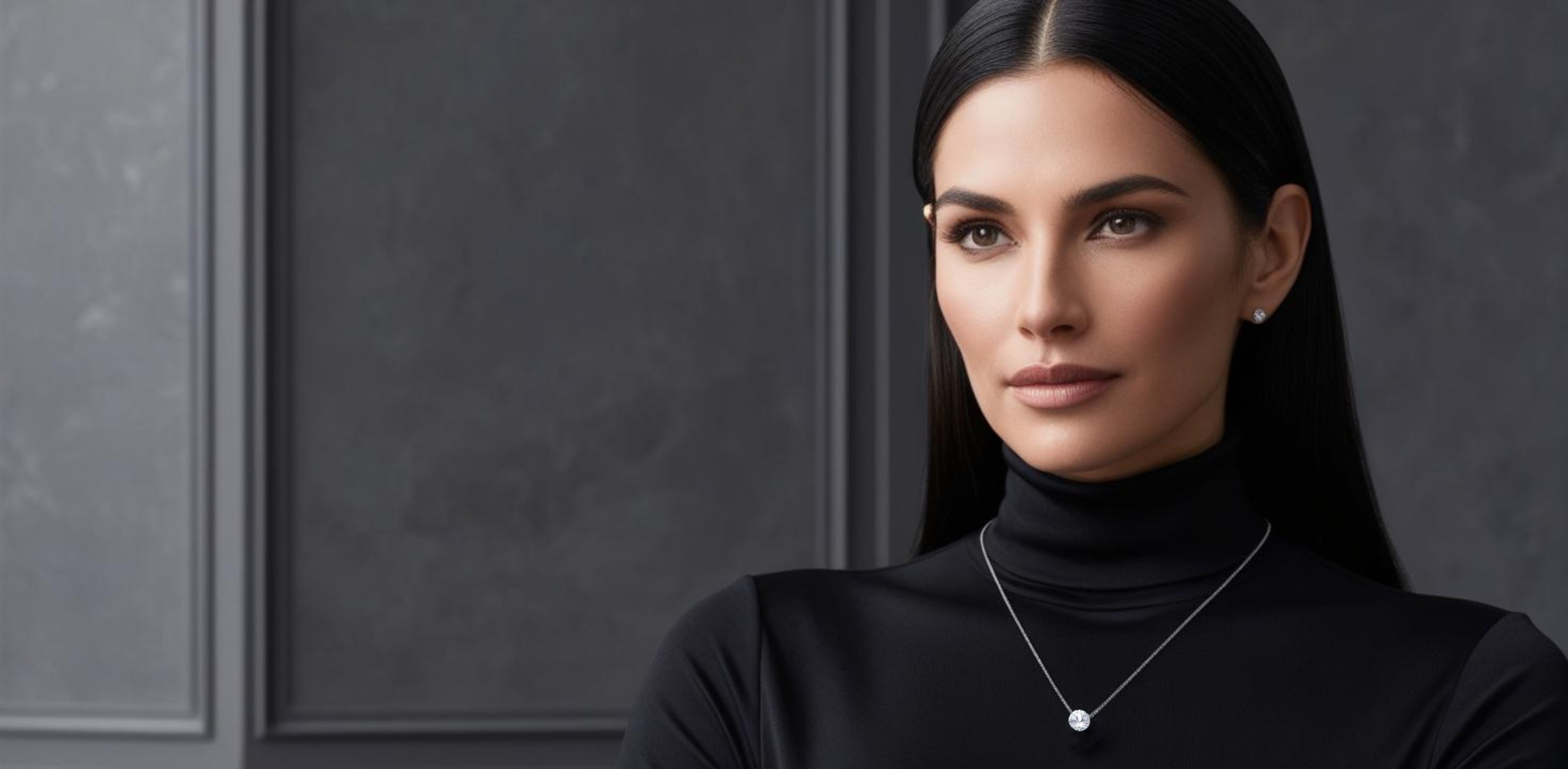 Elegant woman with long straight dark hair and black turtleneck, wearing a lab grown diamond solitaire necklace and lab grown diamond stud earrings. Dark moody wall with wainscoting in dark gray and charcoal color tone in background.