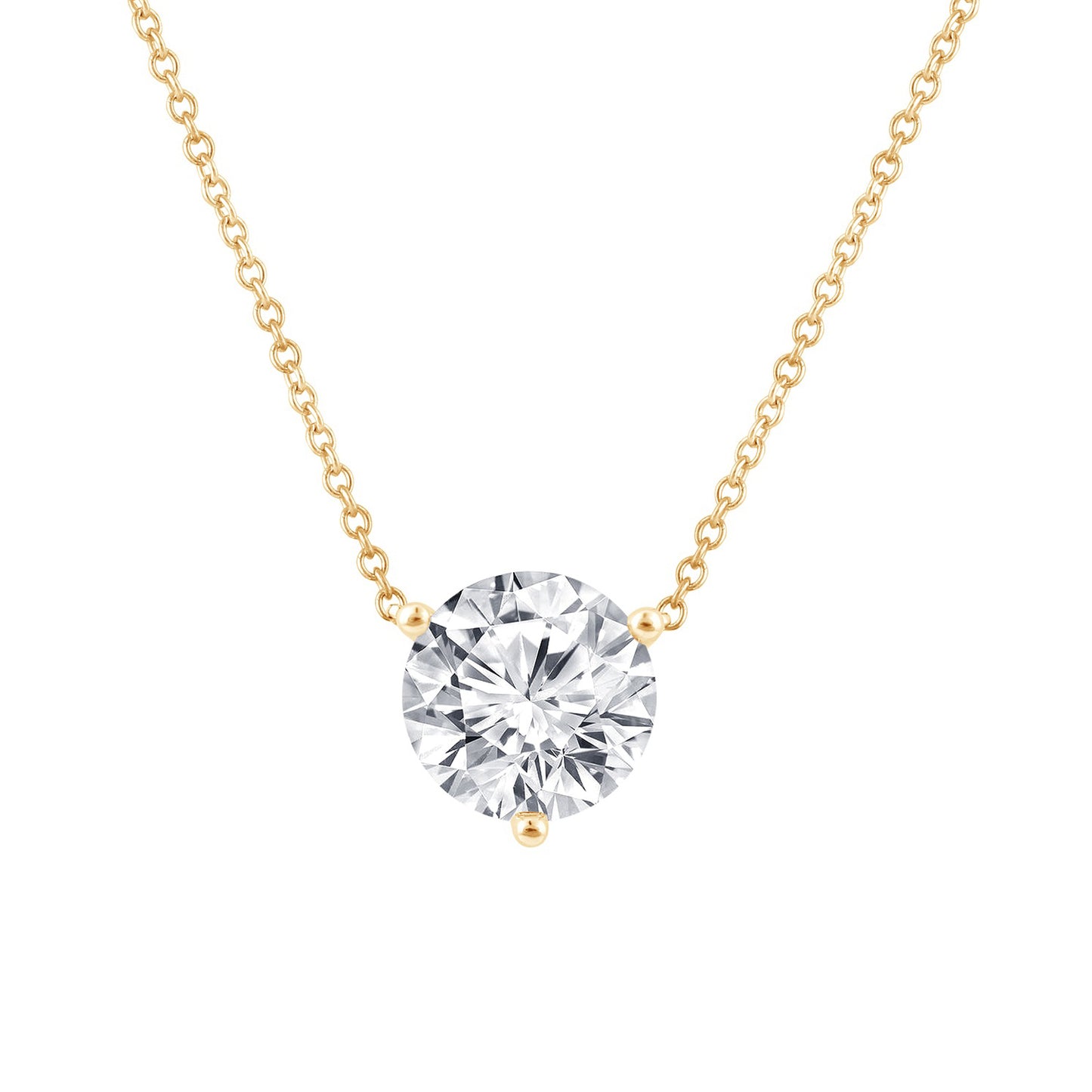 Lab grown diamond 1cwt round solitaire necklace in 3-prong setting with yellow gold chain.