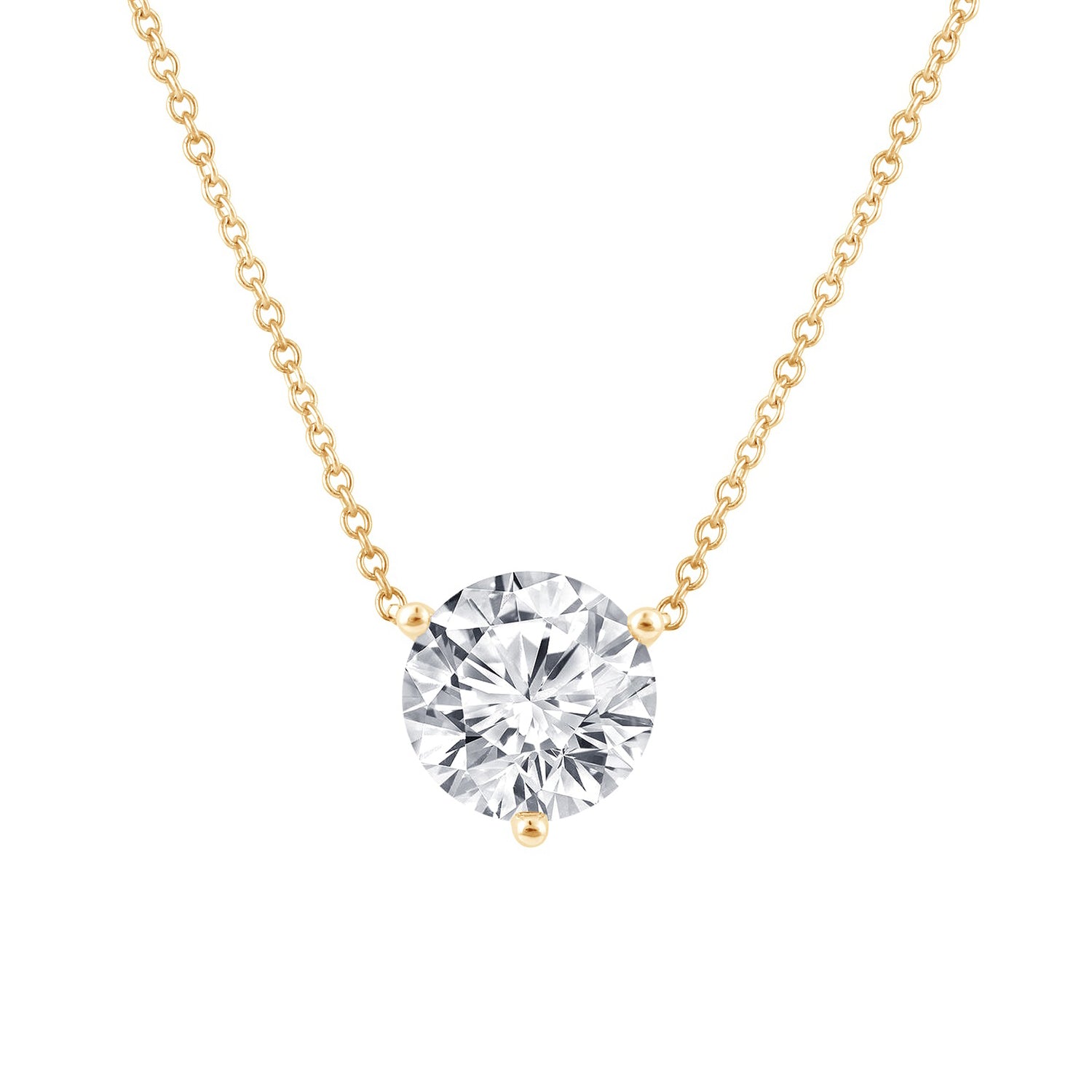 Lab grown diamond 1cwt round solitaire necklace in 3-prong setting with yellow gold chain.