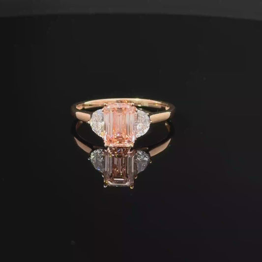 1.5 CT Pink Emerald Cut Lab Grown Diamond three stone 18K Rose Gold Ring